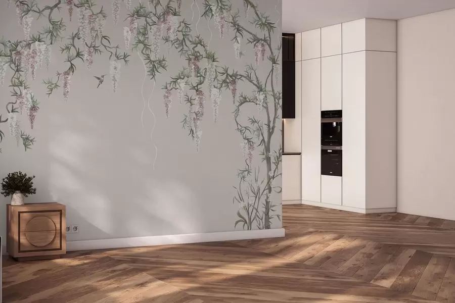 Fototapet Kvetoucí větve s růžovými květy a ptáky w05394v1