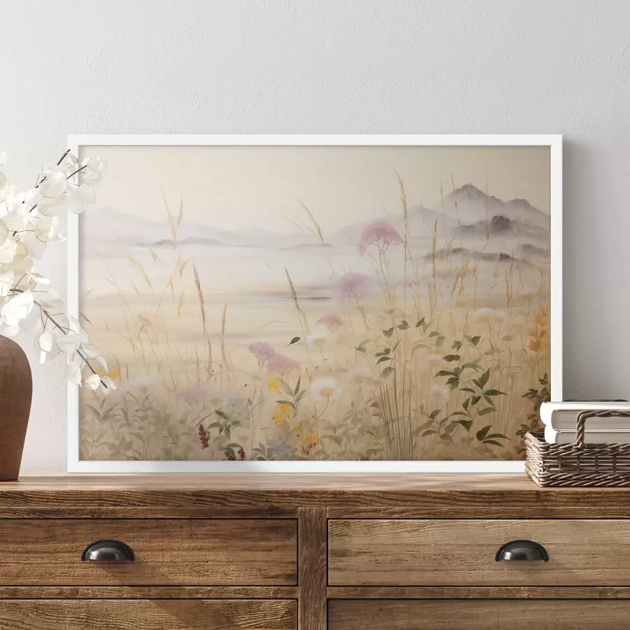 Fototapet Béžové květinové pole, luční trávy, jemná krajina f48480