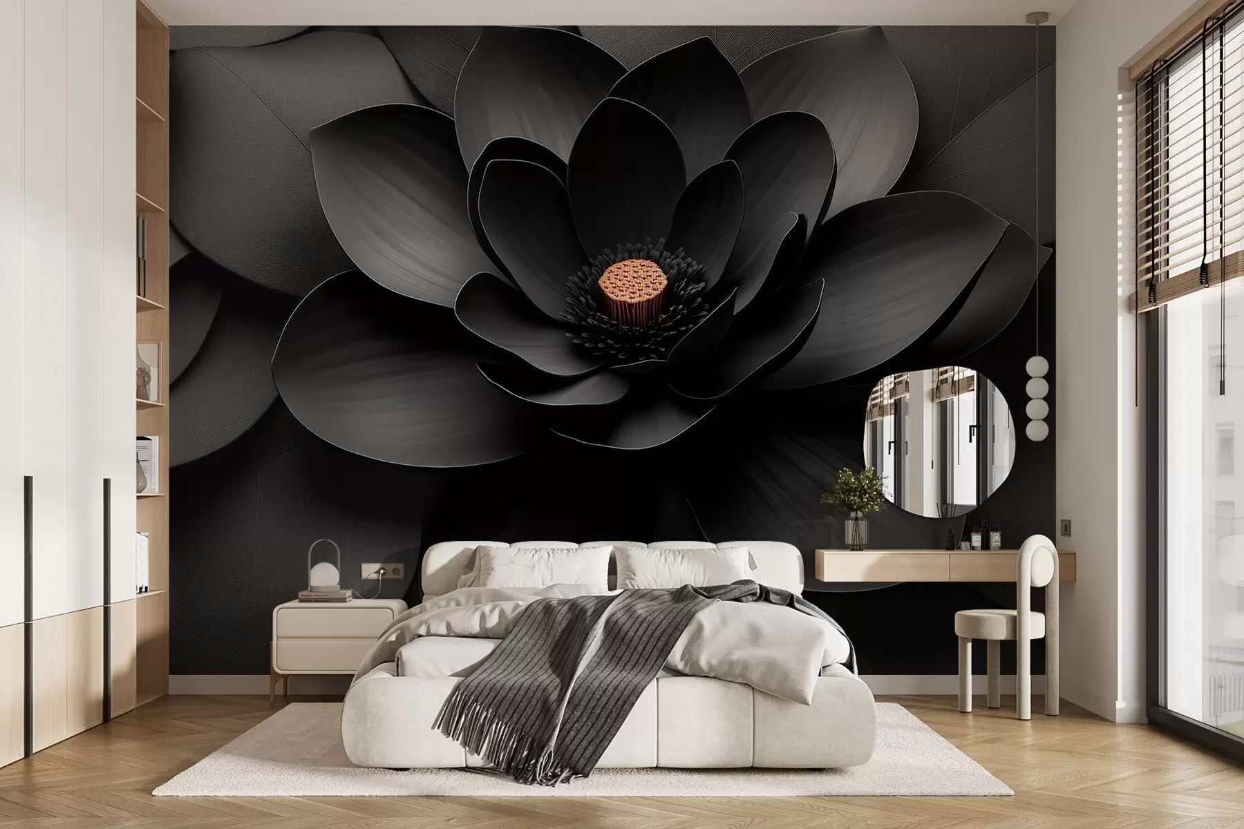 Fototapet Minimalistická černá květina s okvětními lístky a kontrastním teplým středem w09721