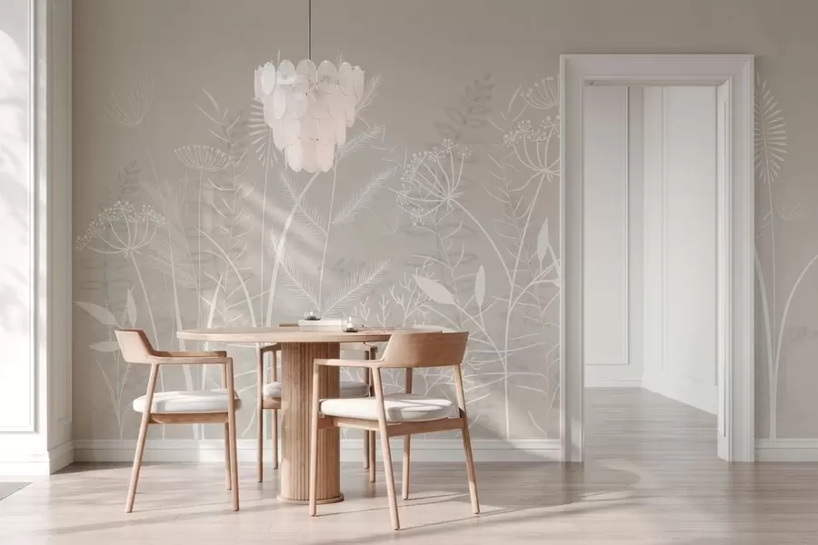 Fototapet jemné ručně malované divoké trávy a květiny na béžovém pozadí w05383v1