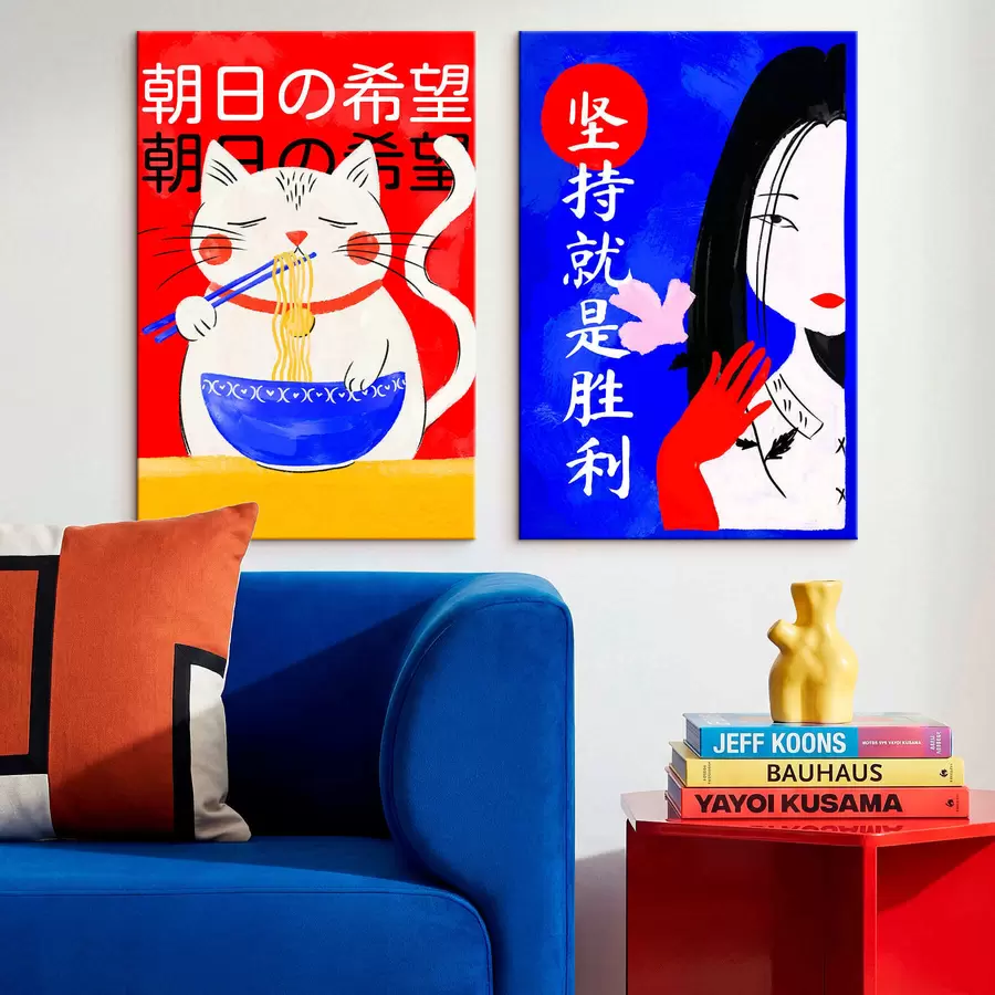 Obraz Dvojdílný obraz s portrétem kočky a ženy v výrazném stylu Č. m30233