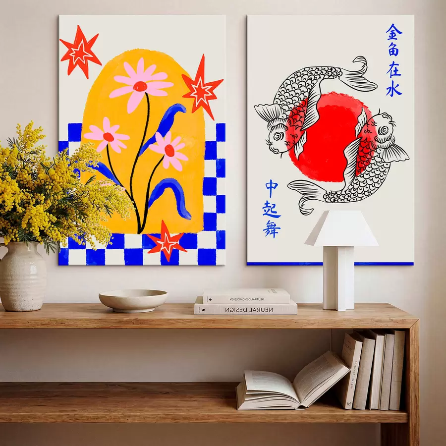 Obraz Dvojobraz s kočkou a dvěma rybkami v červených a bílých tónech Č. m30235