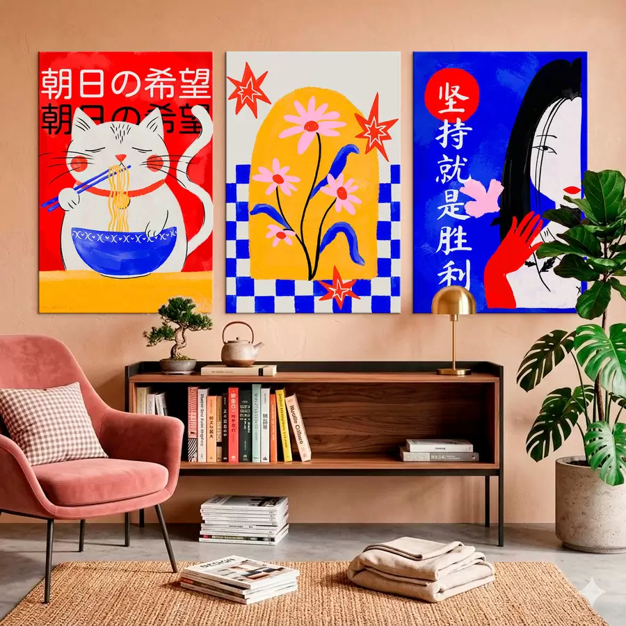 Obraz Triptych s kočkou, rybou a portrétem ženy Č. m30240