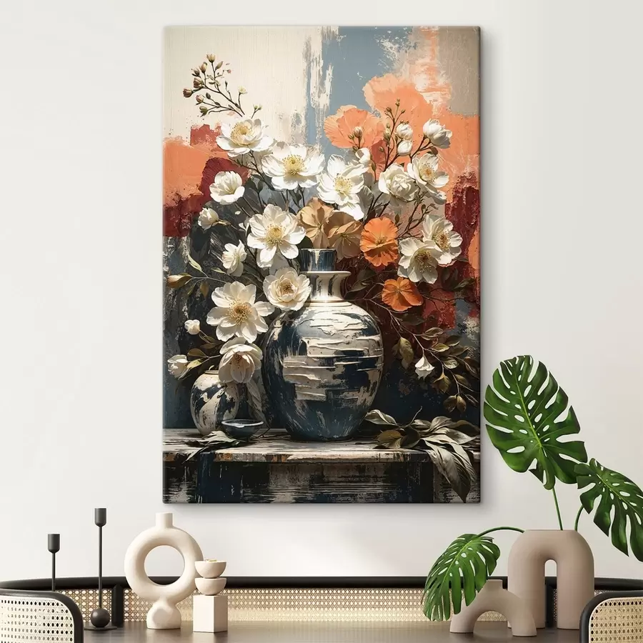 Obraz Květiny ve vázách na pozadí strukturované stěny Č. s48360