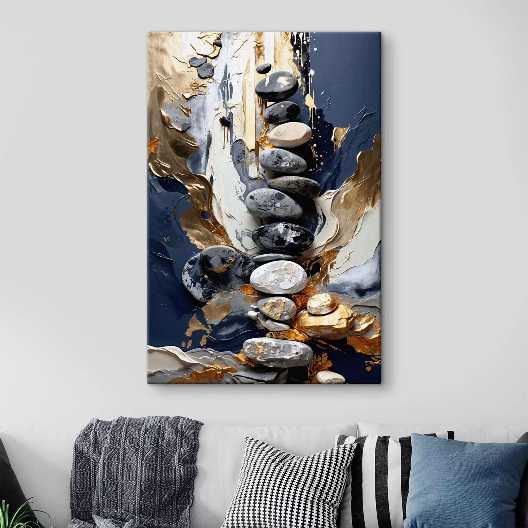 Obraz Abstraktní kompozice s kameny a strukturovanými tahy Č. s48362