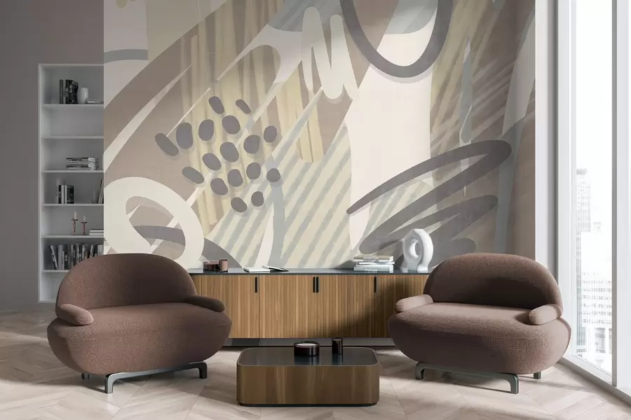 Fototapet Abstraktní texturovaný vzor s organickými tvary, čmáranicemi a tečkami v tlumených pastelových barvách w09774