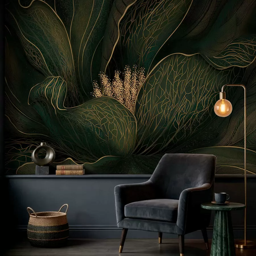 Fototapet Tmavě zelená abstraktní květina s jemnými linkami w05119v1