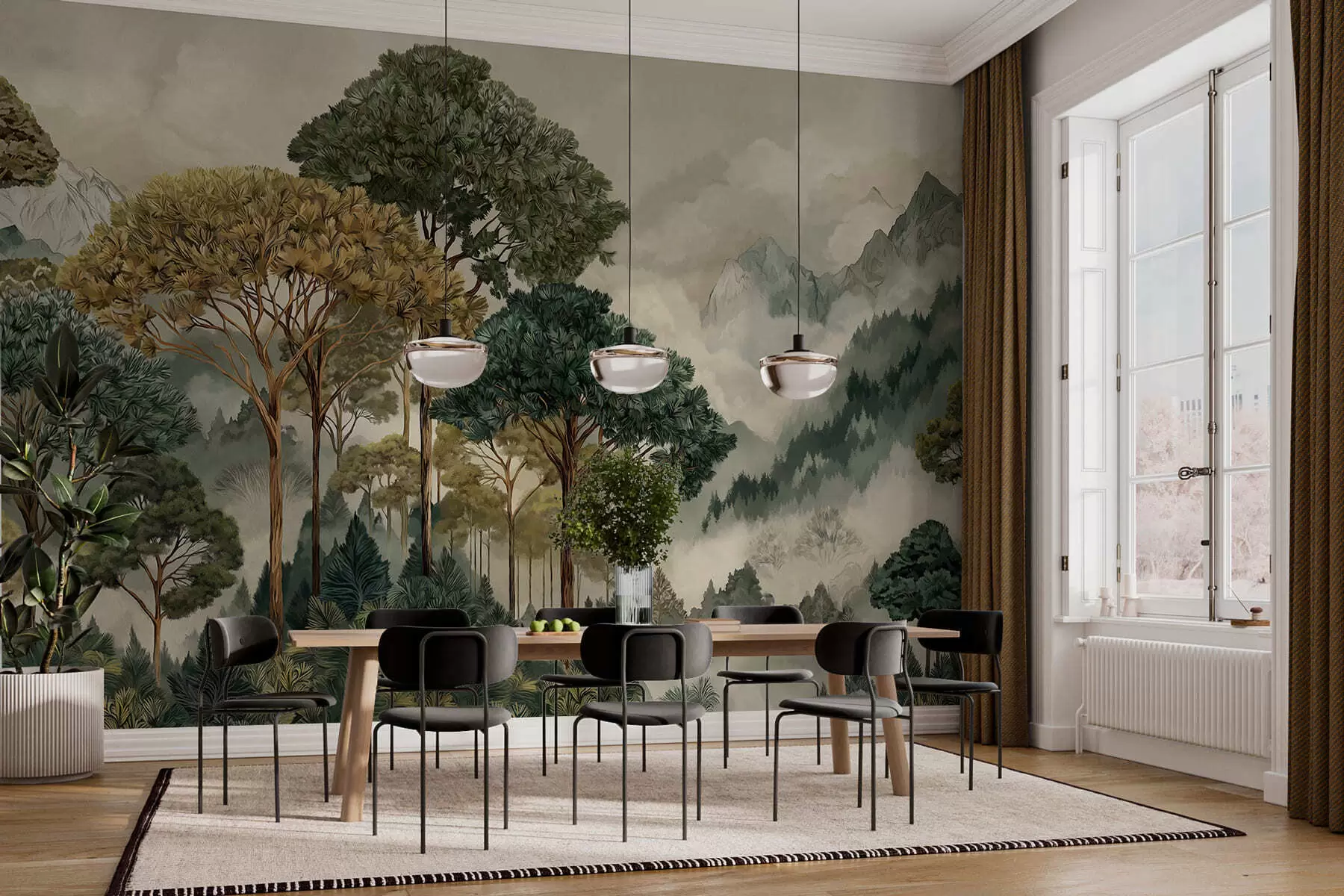 Fototapet Les s vysokými stromy v zamlžených horách w05410