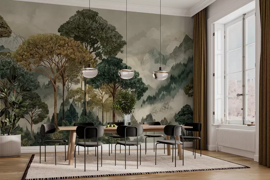 Fototapet Les s vysokými stromy v zamlžených horách w05410