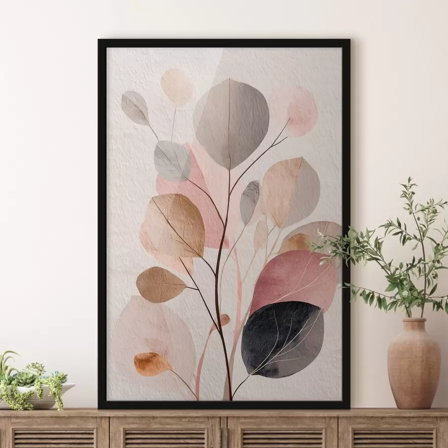 Fototapet Abstraktní větev s kulatými listy v teplých béžových a korálových odstínech f48187