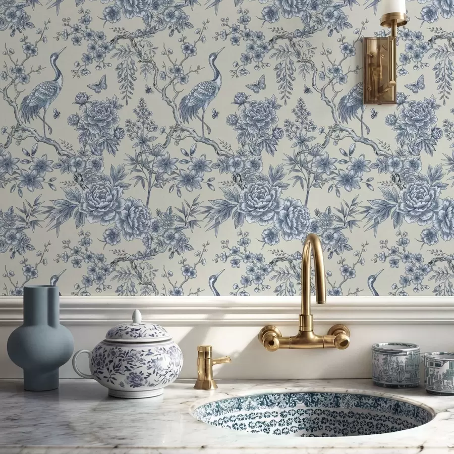 Fototapet Modrý květinový ornament s ptáčkem a větvičkami a01132