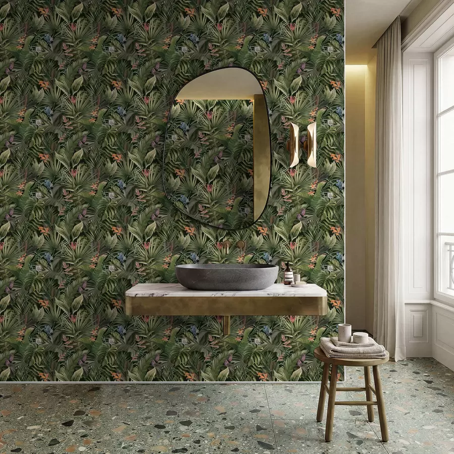 Fototapet Tropické listy s květy na tmavém pozadí a01153