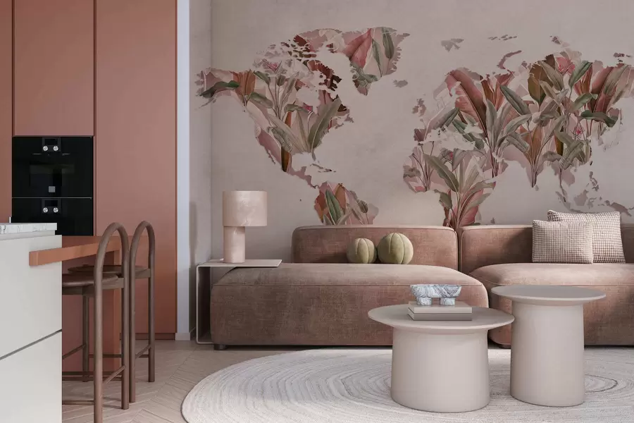 Fototapet Růžová mapa světa vyrobená z banánových listů c00007v2