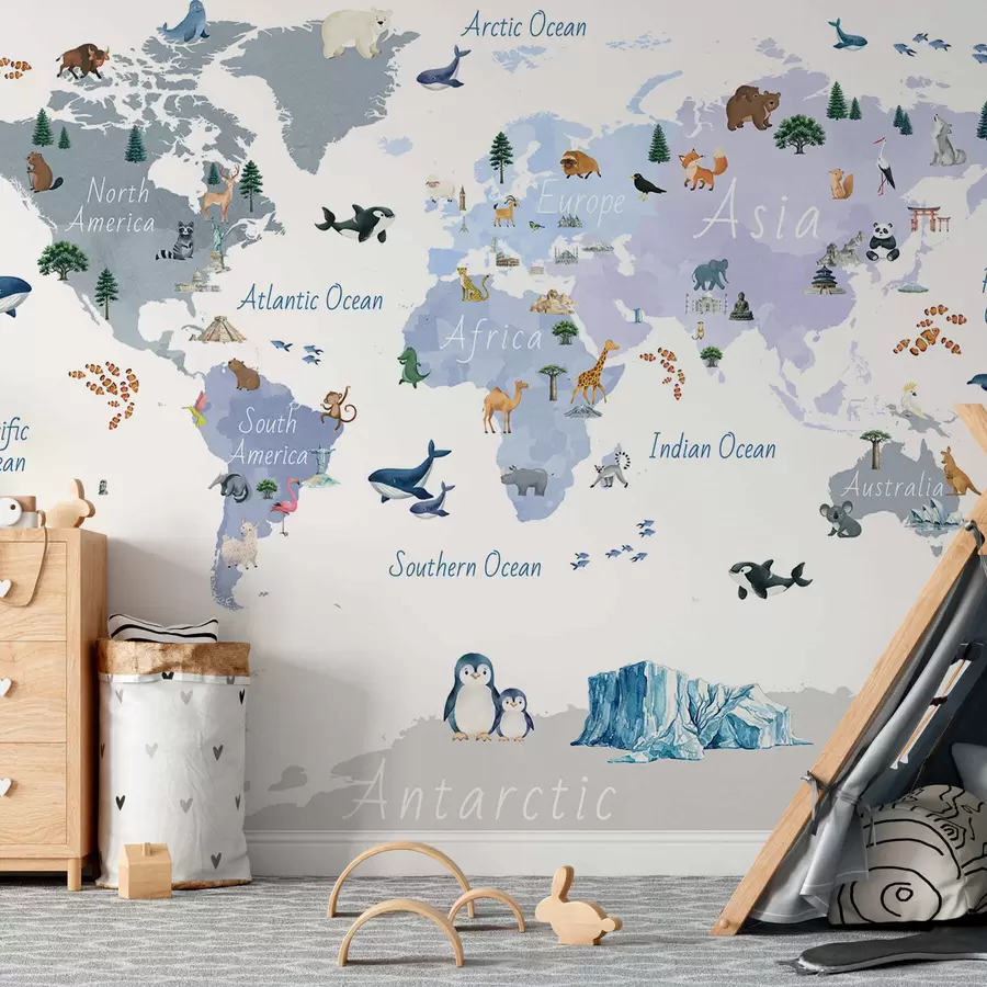 Fototapet Modrá mapa ve stylu akvarelu s motivy zvířat, rostlin a architektury. Popisky v angličtině c00009env1