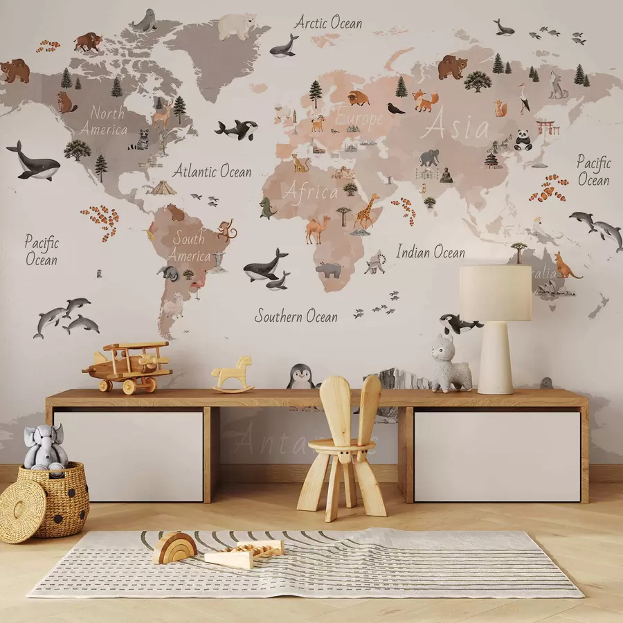 Fototapet Mapa v béžových barvách ve stylu akvarelu, na které jsou vyobrazena zvířata, rostliny a architektonické prvky. Popisky v angličtině c00009env3