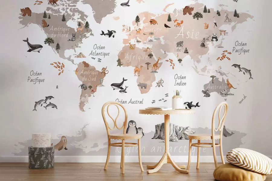Fototapet Béžová mapa ve stylu akvarelu s motivy zvířat, rostlin a architektury. Popisky ve francouzštině c00009frv3