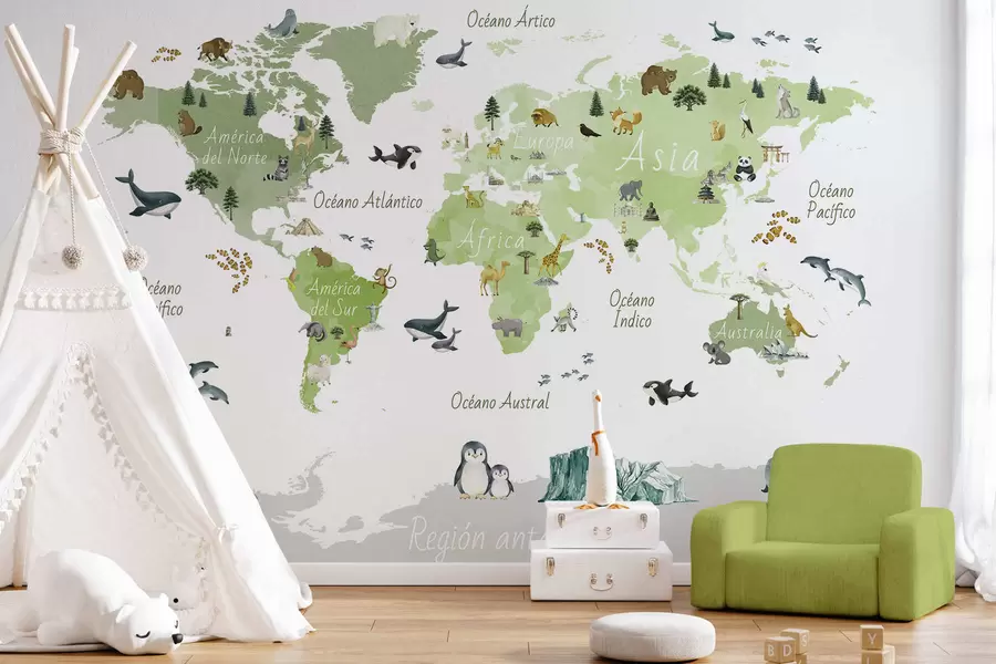 Fototapet Zelená mapa ve stylu akvarelu s motivy zvířat, rostlin a architektury. Popisky ve španělštině c00009esv2