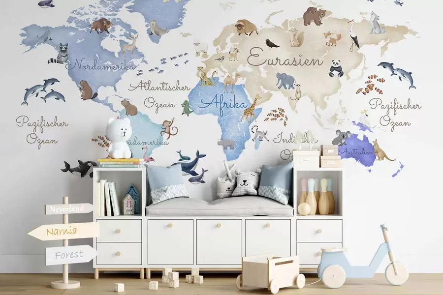 Fototapet Modrá mapa ve stylu akvarelu s motivy zvířat. Popisky v němčině c00012dev1