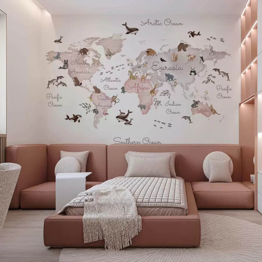 Fototapet Béžová mapa ve stylu akvarelu s motivy zvířat. Popisky v angličtině c00012env3