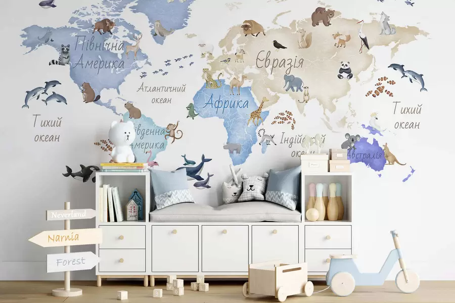 Fototapet Modrá mapa ve stylu akvarelu s motivy zvířat. Popisky v ukrajinštině c00012ukv1