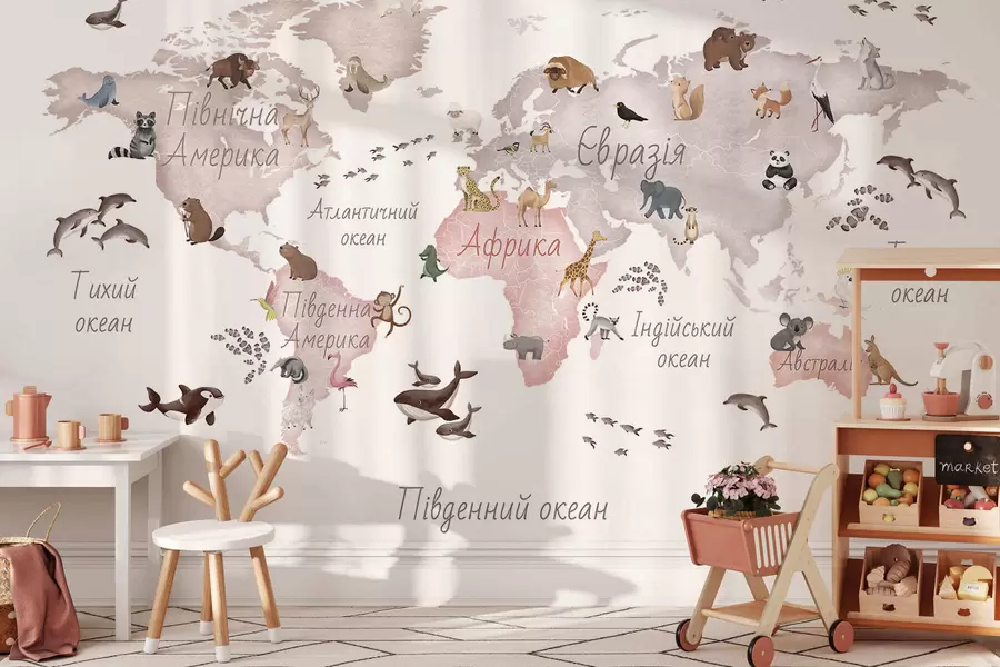 Fototapet Béžová mapa ve stylu akvarelu s motivy zvířat. Nápisy v ukrajinštině c00012ukv3