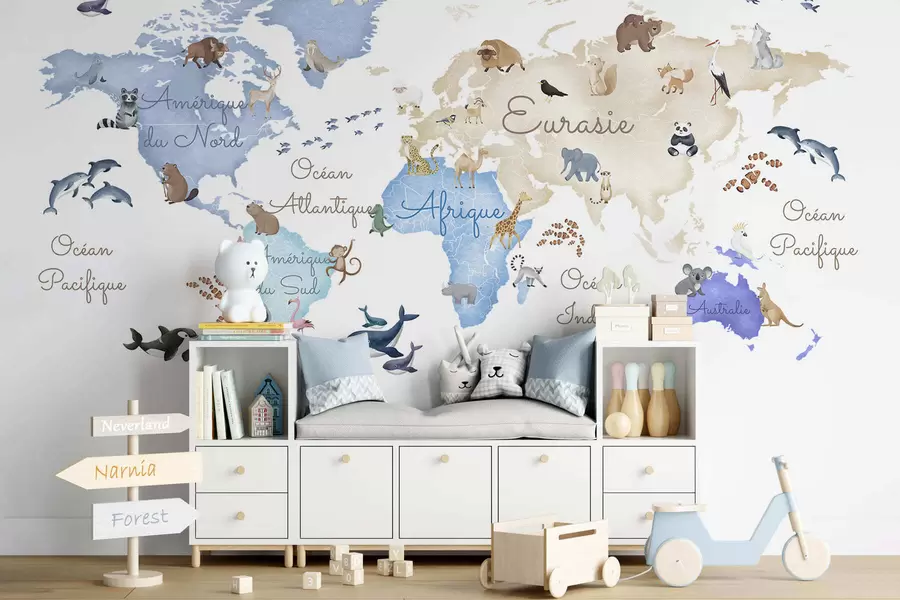 Fototapet Modrá mapa ve stylu akvarelu s motivy zvířat. Popisky ve francouzštině c00012frv1