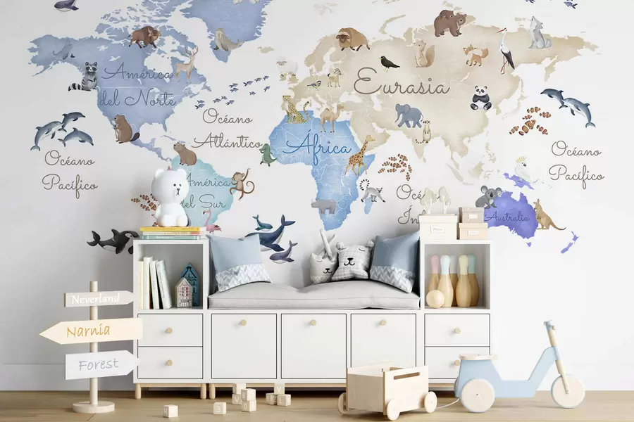 Fototapet Modrá mapa ve stylu akvarelu s motivy zvířat. Popisky ve španělštině c00012esv1