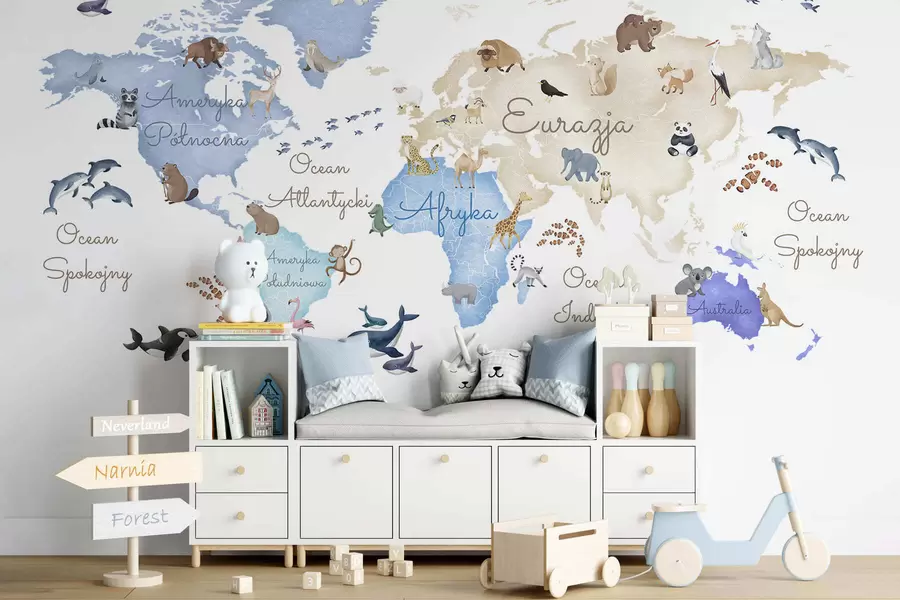Fototapet Modrá mapa ve stylu akvarelu s motivy zvířat. Popisky v polštině c00012plv1
