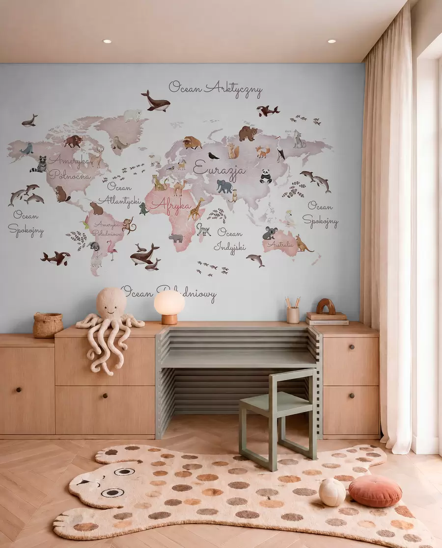 Fototapet Béžová mapa ve stylu akvarelu s motivy zvířat. Nápisy v polštině c00012plv3