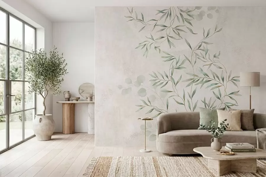 Fototapet Jemný botanický vzor s tenkými větvičkami na světlém pozadí w05424