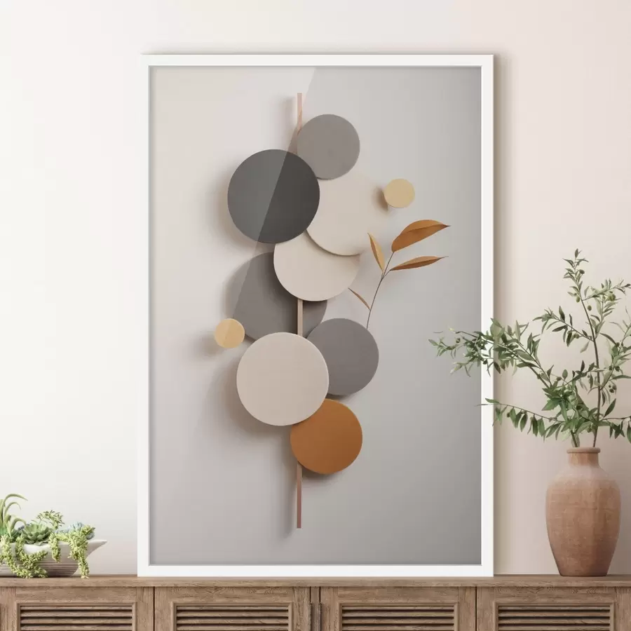 Obraz Abstraktní kruhy s listy v neutrálních odstínech Č. f48602