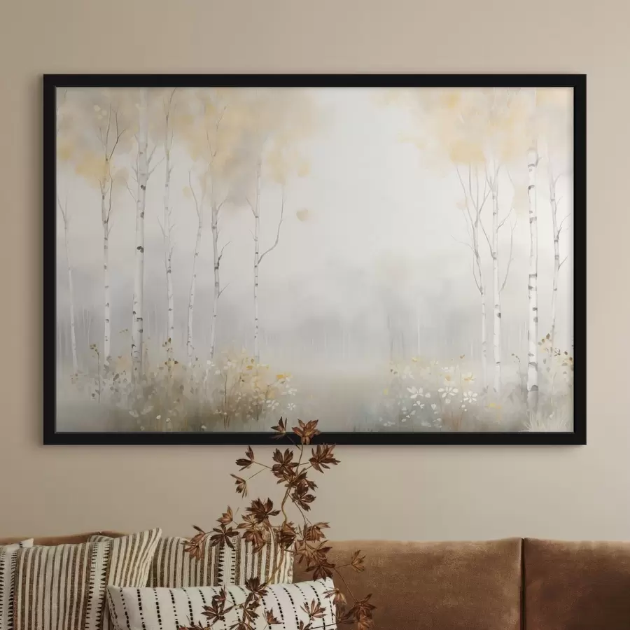 Fototapet Les řídkých stromů v mlze, jemné světlé tóny f48623