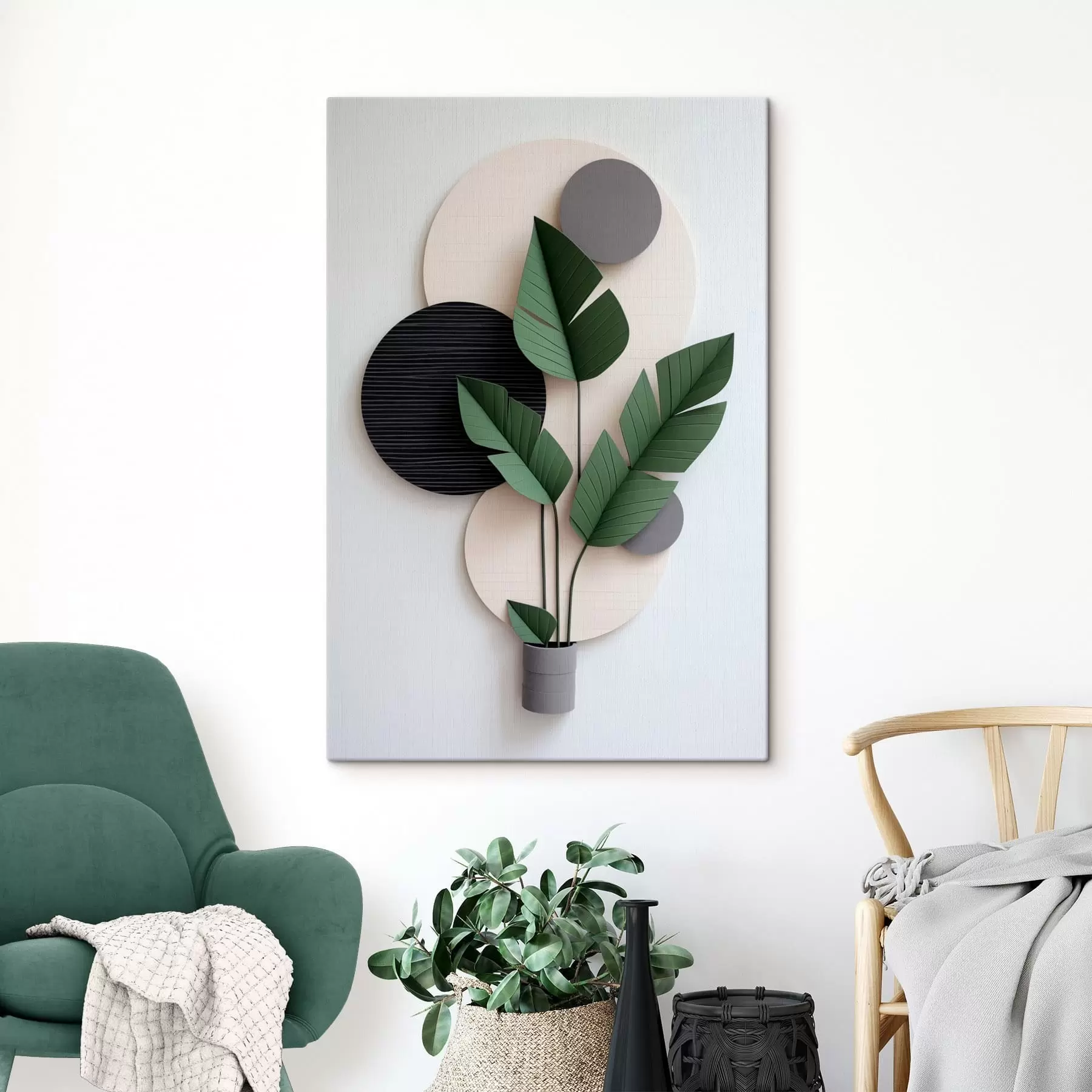 Obraz Minimalistické uspořádání s geometrickými kruhy a zelenými listy Č. s48607