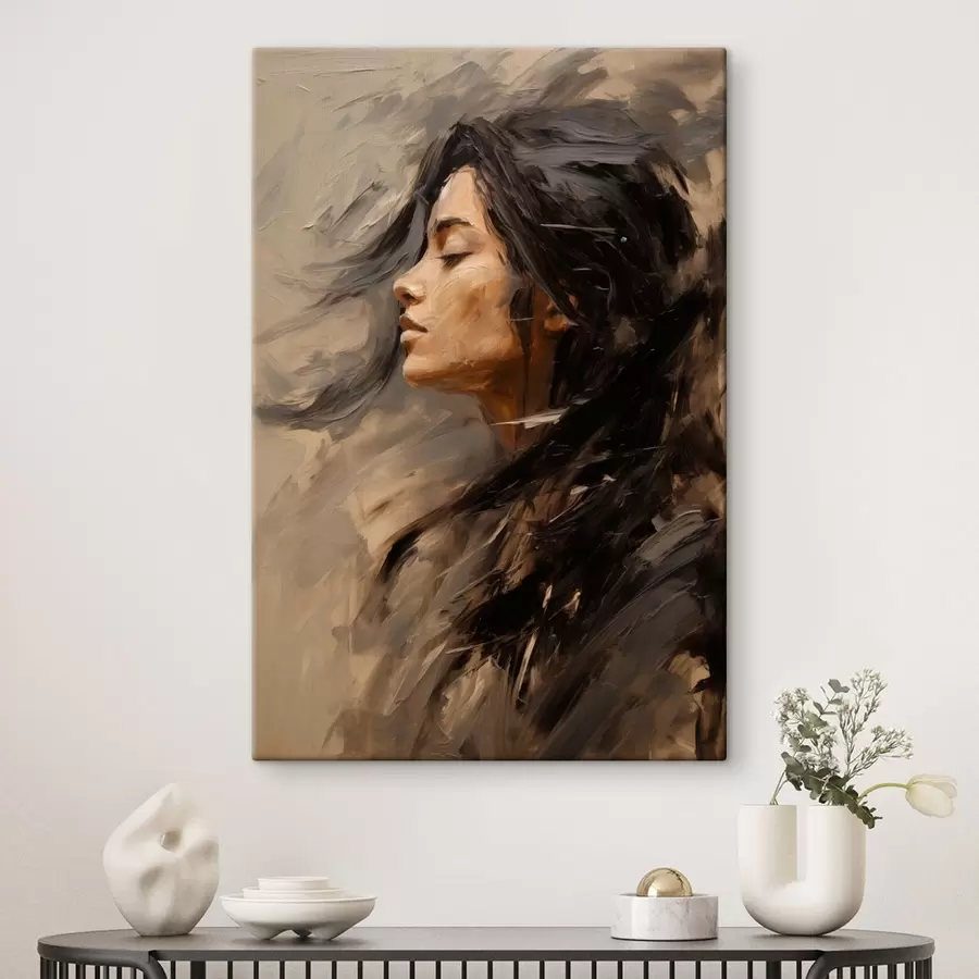 Obraz Ženský profil zachycený malířskými tahy v teplých tónech Č. s48621