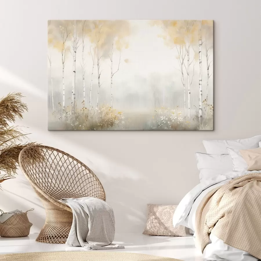 Obraz Les řídkých stromů v mlze, jemné světlé tóny Č. s48623