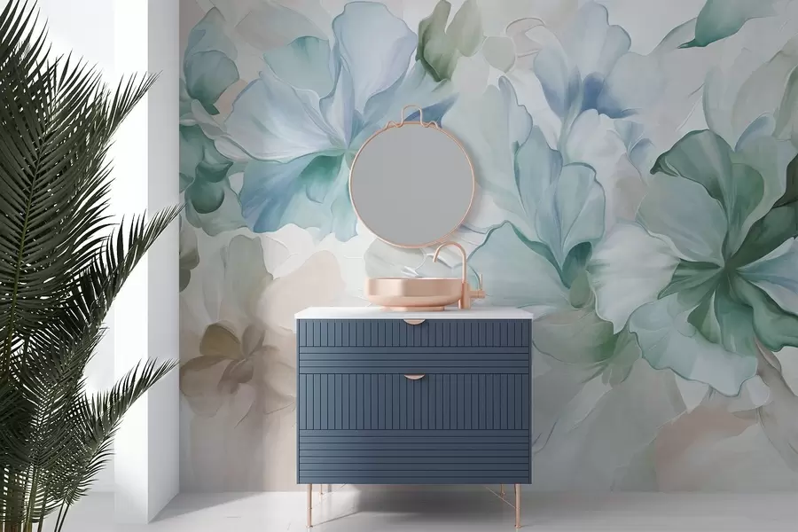 Fototapet Abstraktní fantazijní květiny v odstínech zelené, modré a béžové, v malířském stylu, texturované umění w09767v1