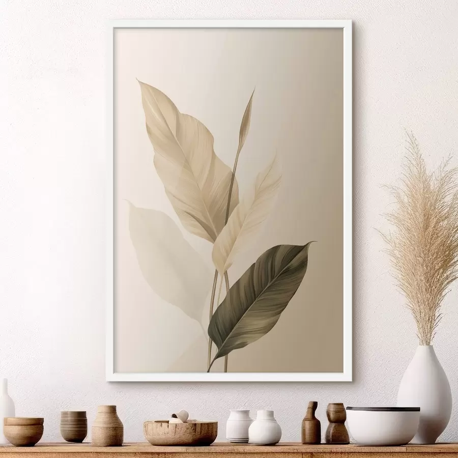 Fototapet Velké tropické listy v odstínech béžové a hnědé, světlé pozadí f48725