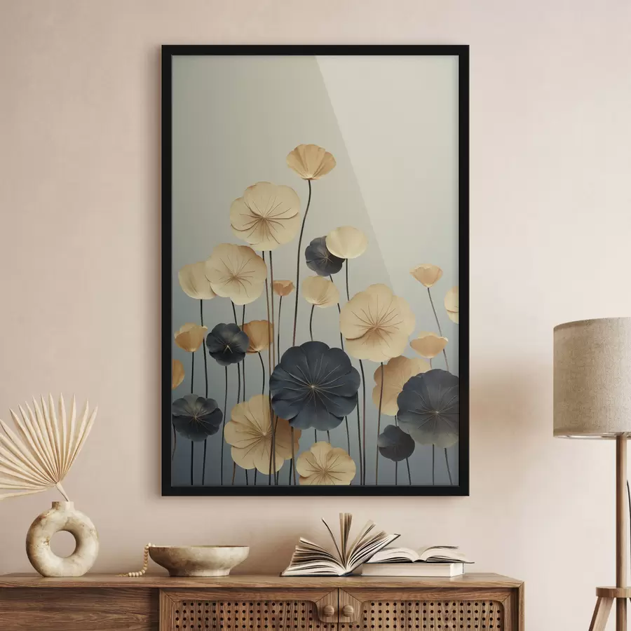 Fototapet Listy leknínu na tlumeném pozadí v odstínech béžové a tmavě modré f48734