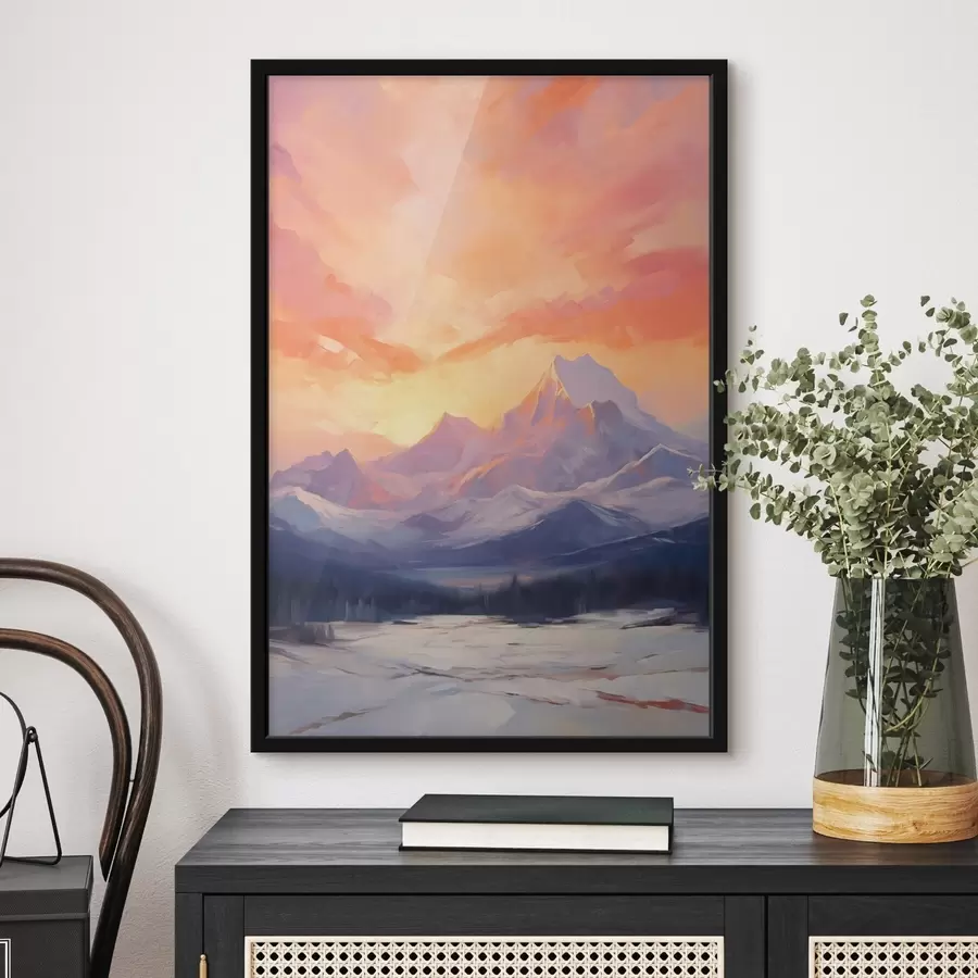 Fototapet Zasněžené vrcholky hor pod zářivě oranžovou a růžovou oblohou s mraky f48741