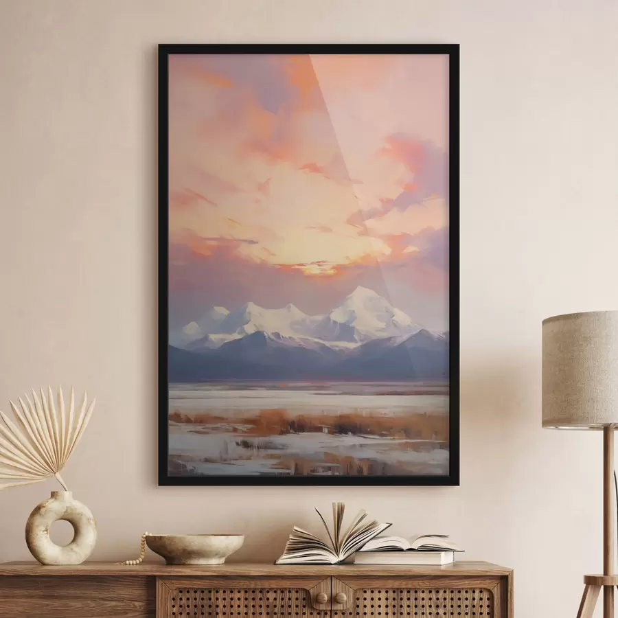 Fototapet Zasněžené vrcholky hor pod zářivě oranžovou a růžovou oblohou s mraky f48742