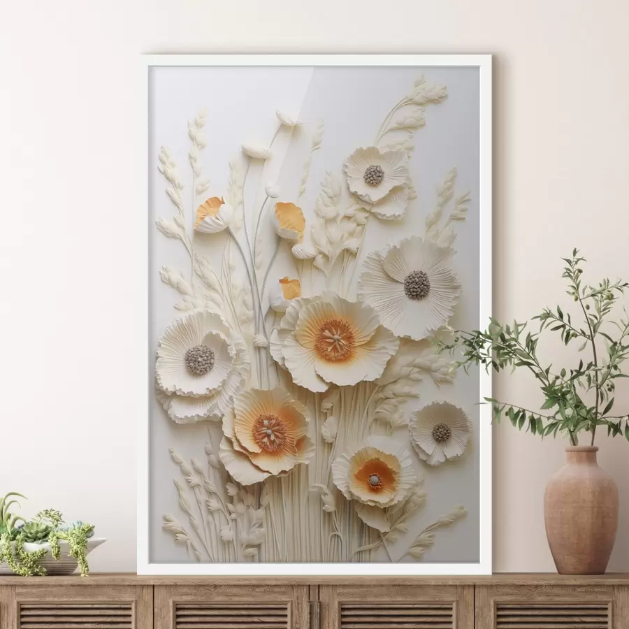 Fototapet Kytice krémových a oranžových máků se sušenými stébly pšenice f48747