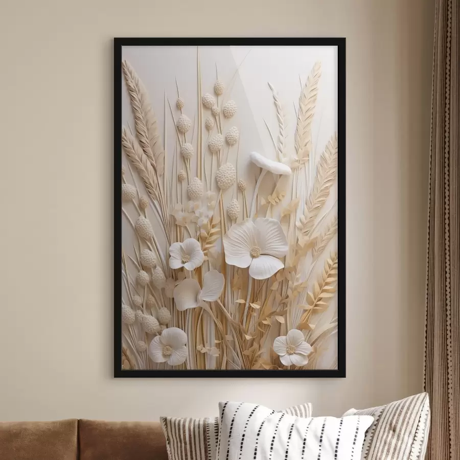 Fototapet Kytice krémových máků se sušenými stébly pšenice f48748
