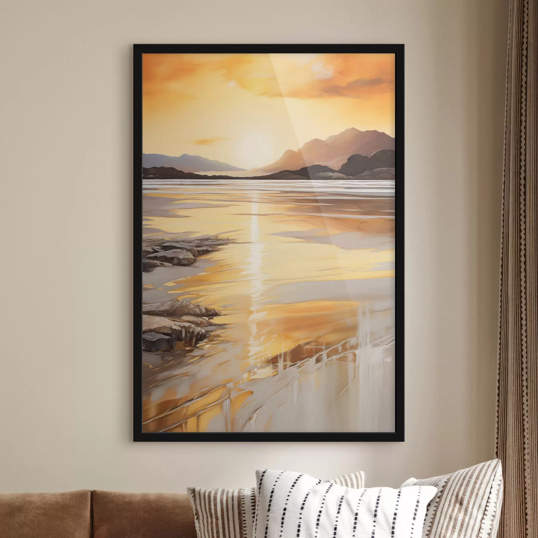 Fototapet Krajina s řekou a horami pod teplou oranžovou oblohou při západu slunce f48756