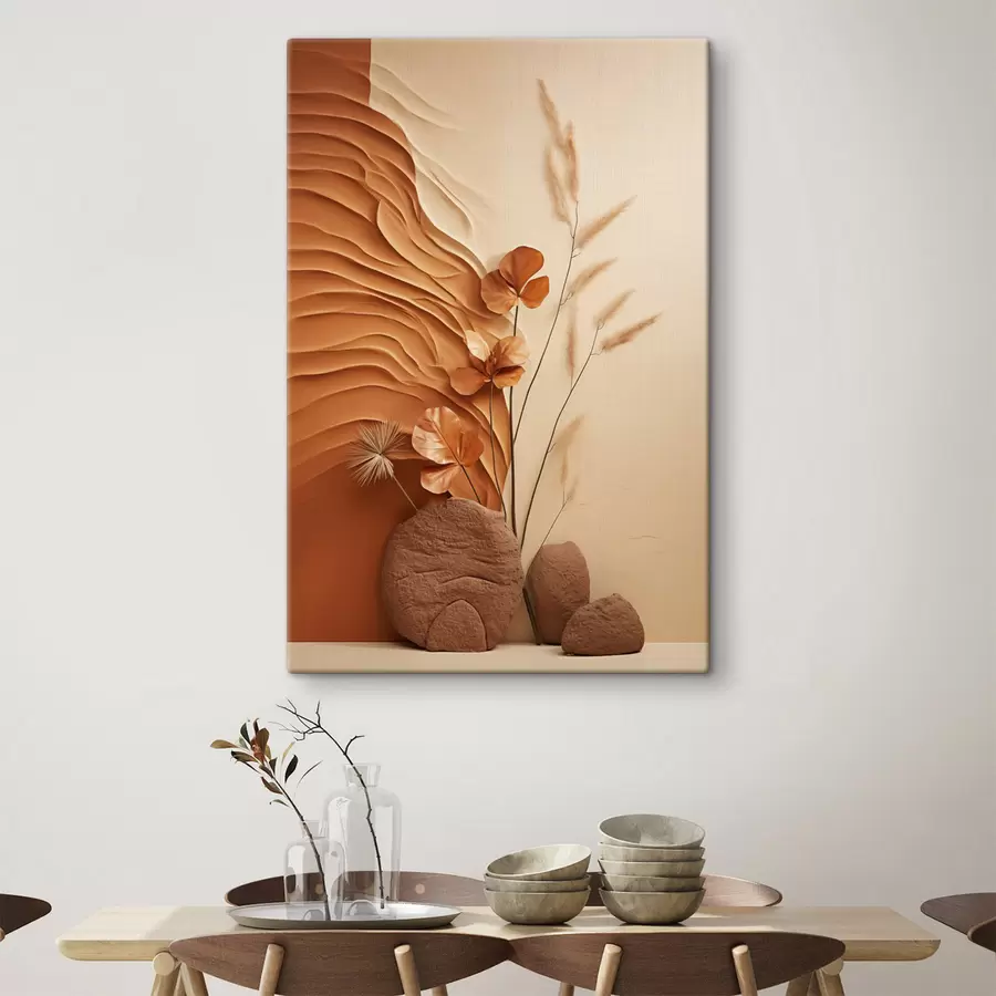 Obraz Minimalistické umělecké dílo se sušenými květinami a pampovou trávou, s texturovaným pozadím Č. s48739