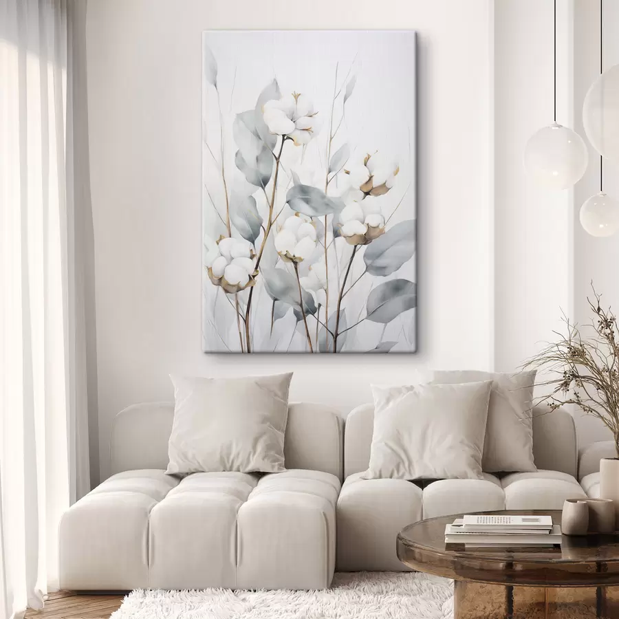 Obraz Bílá bavlníková rostlina s bledě modrozelenými listy na světlém pozadí Č. s48743