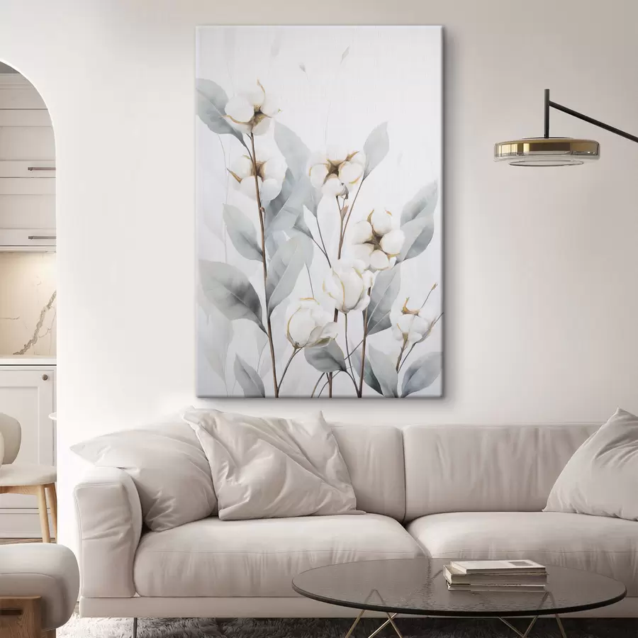 Obraz Bílá bavlníková rostlina s bledě modrozelenými listy na světlém pozadí Č. s48744