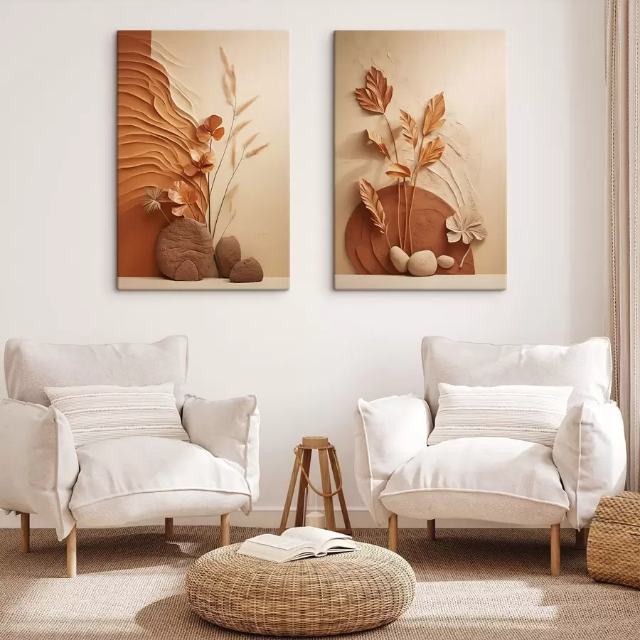 Obraz Minimalistické umělecké dílo se sušenými květinami a pampovou trávou, s texturovaným pozadím Č. m30320