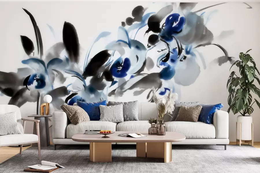 Fototapet Elegantní abstraktní květiny v orientálním akvarelovém stylu s modrými a černými akcenty, orchideje w09797