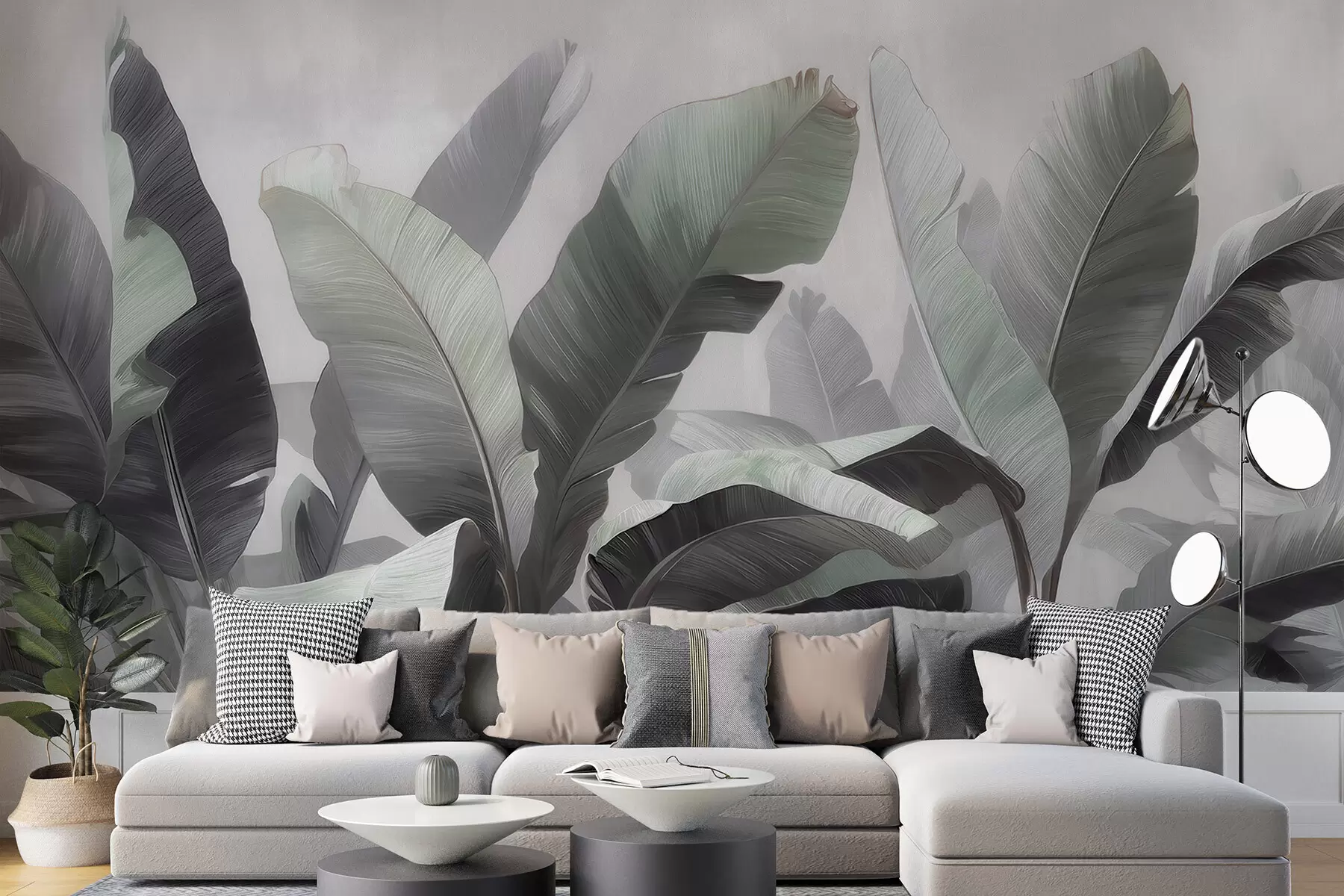Fototapet Abstraktní motiv velkých tropických banánových listů v neutrální barevné škále s jemnými šedozelenými tóny w09805