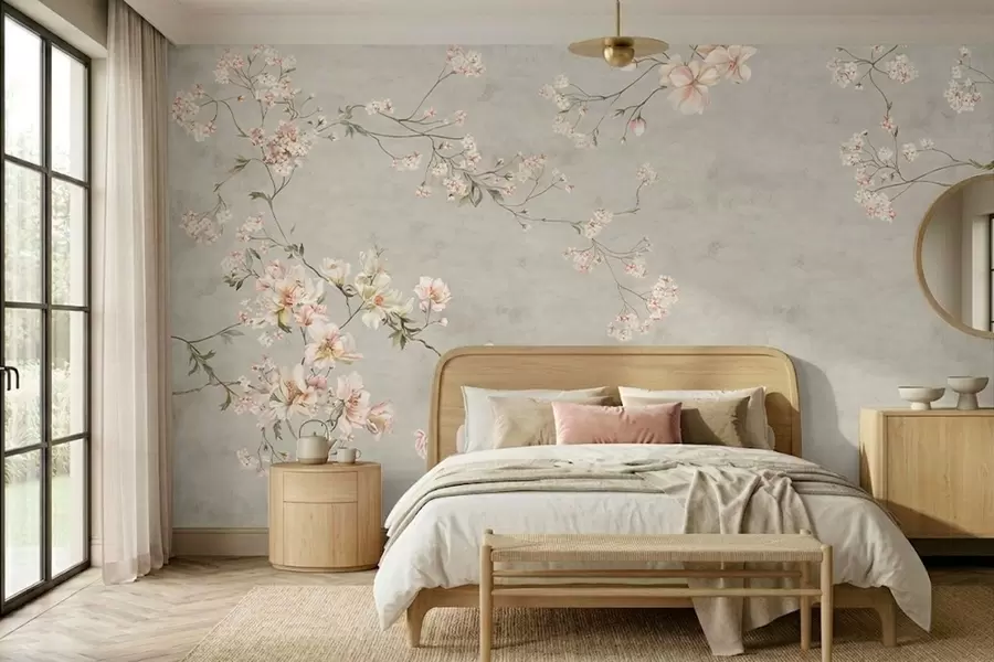 Fototapet Květinové větve ve stylu chinoiserie na šedém pozadí w05427v1